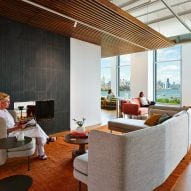 Lobby with red and grey chairs