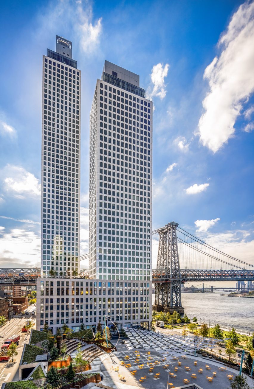 Tall white towers along Williamsburg