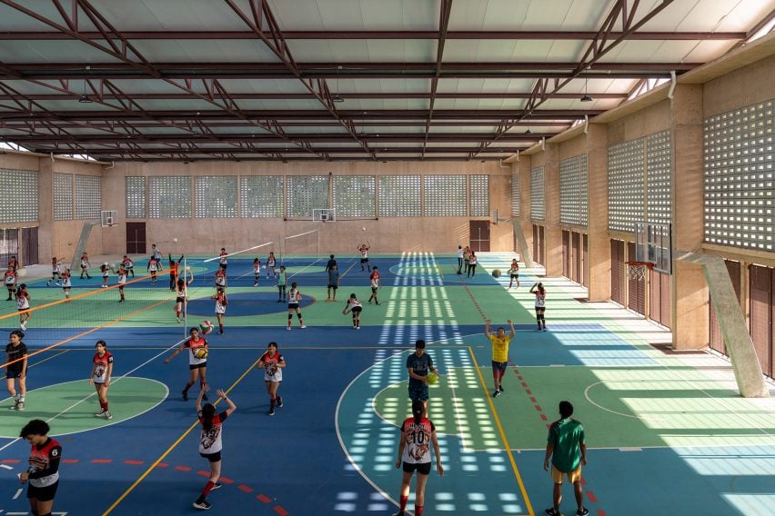 Basketball court with dappled light