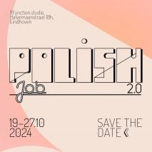 A pink and orange, graphic promoting an exhibition.