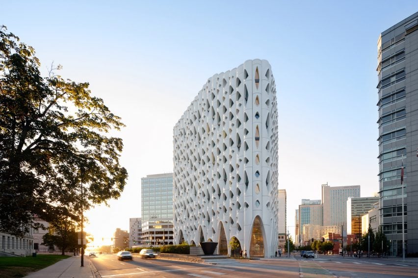 White building covered in windows