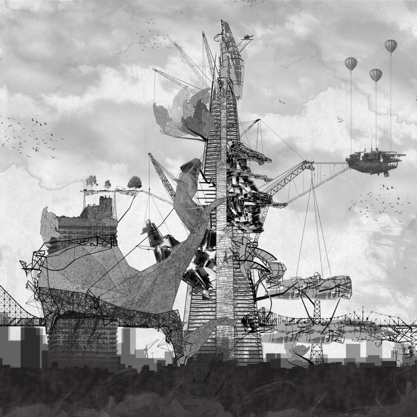 a visualisation of a building in tones of black and white