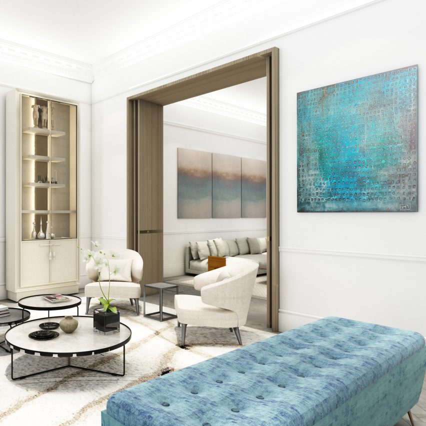 a visualisation of an interior in tones of blue, white and brown