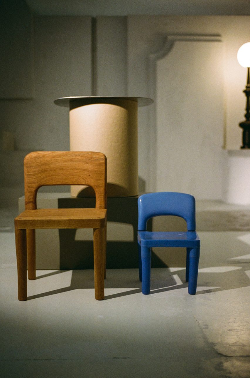 Wooden chair and blue plastic chair