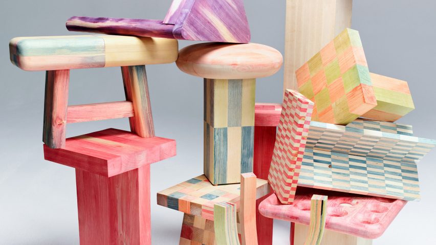 Roggbif stools by Studio SlÃ¸yd featuring through-coloured wood