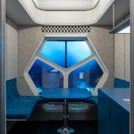 Interior shot of the kitchen of SAGA's shipping container moon habitat