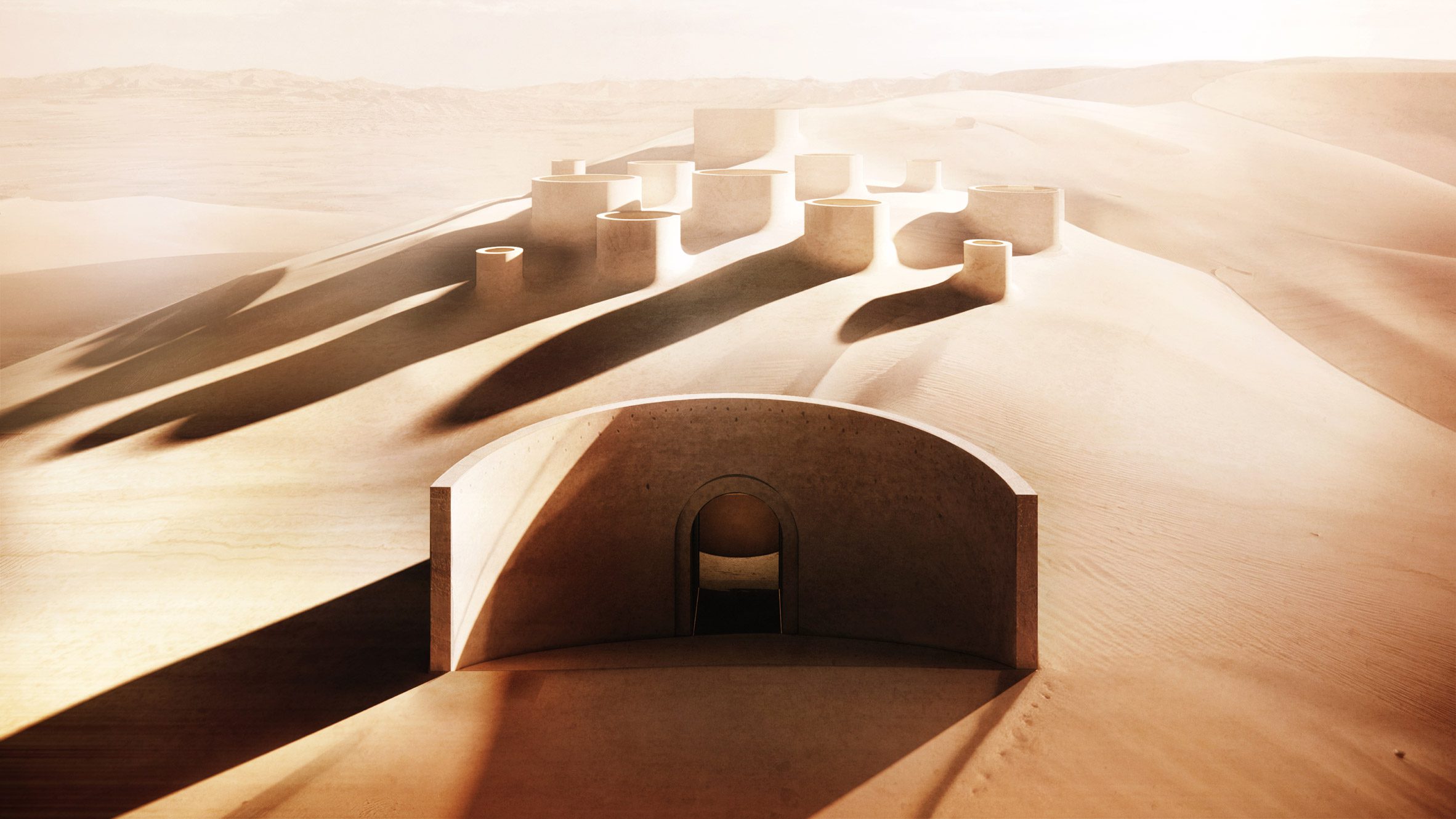 Desert with rock cylinder structures poking out of the sand