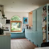 Blue painted kitchen and arched window Number 5 Station Road