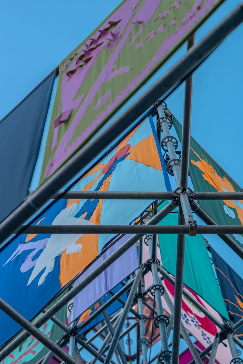 Upshot of scaffolding structure at heart of Temple of Peace by Peace Seekers at Dutch Design Week 2024