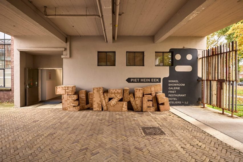 Cardboard sign at entrance to Teun Zwets exhibition for Dutch Design Week