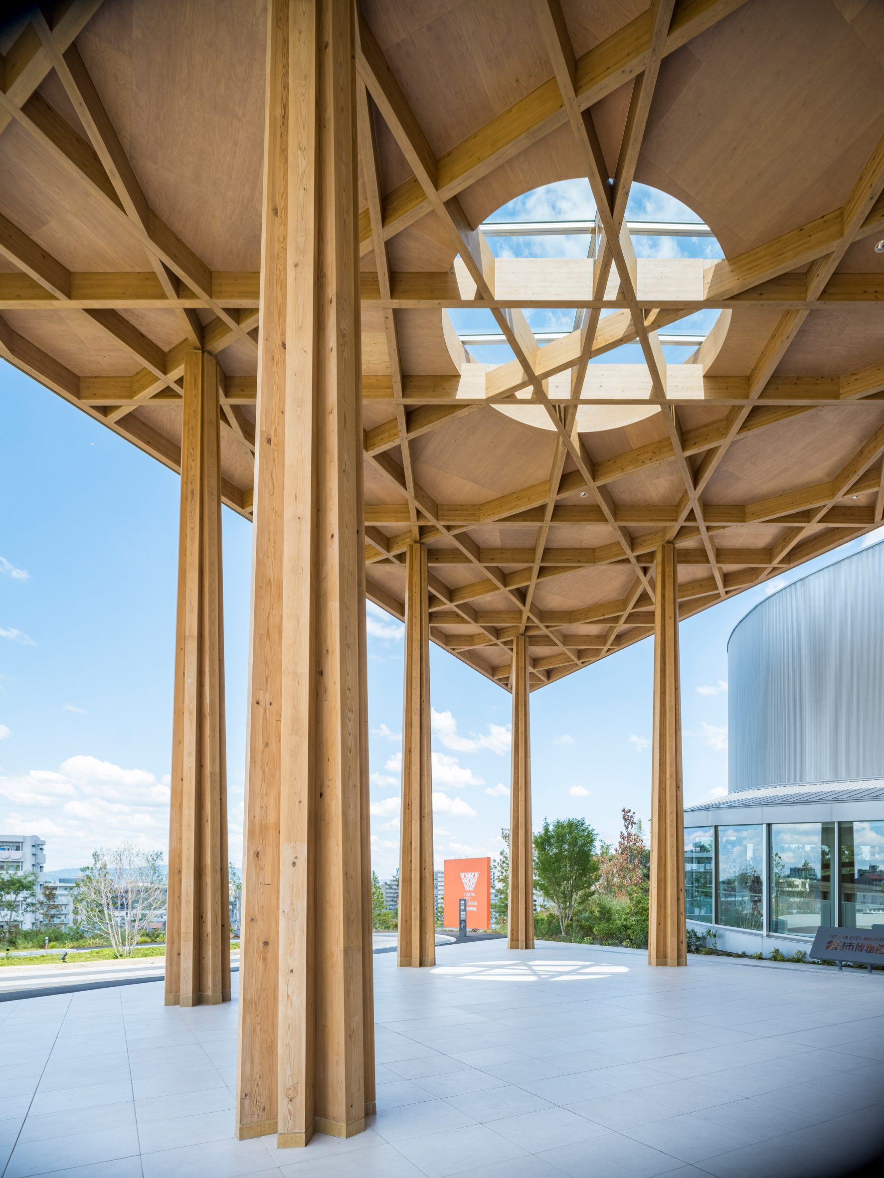 Large wooden roof with a decorative structure