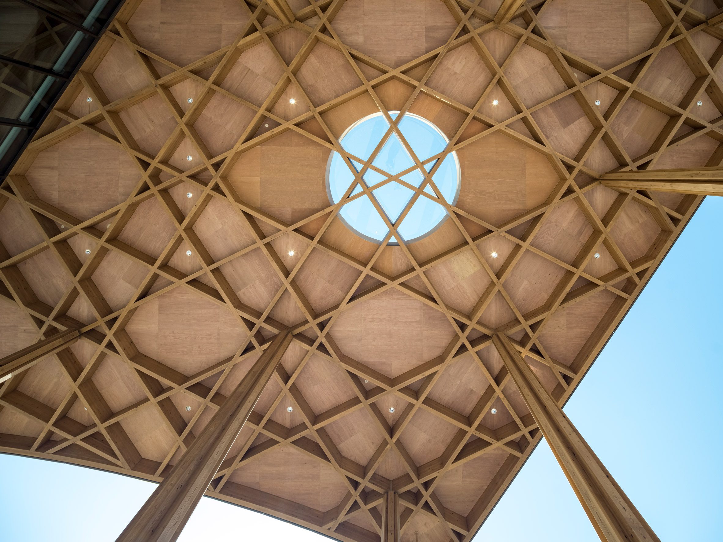 Crisscrossing timber roof structure