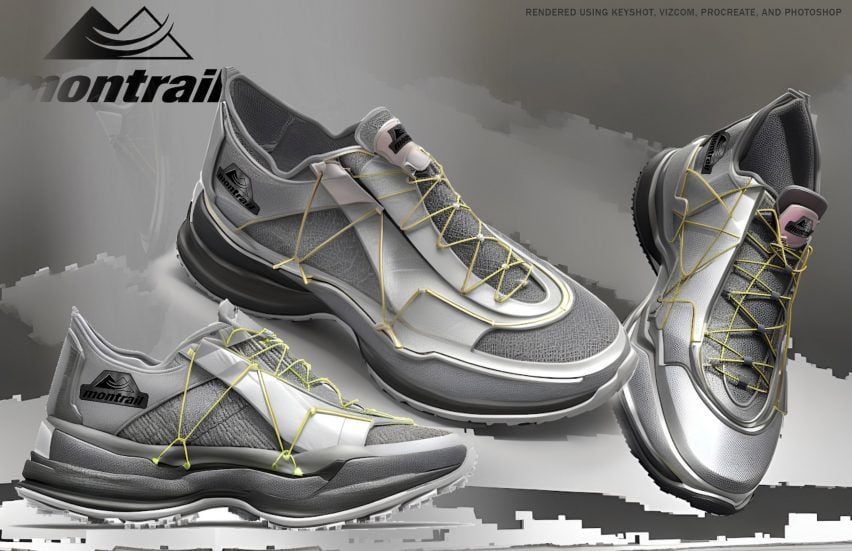 A visualisation of three of the same shoe, in tones of grey, against a backdrop of the same colours. In the top left corner there is a triangular logo and text that reads 'montrail'.