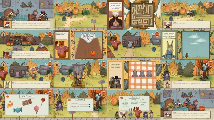 A digital image showing multiple scenes from a game featuring bear characters, in tones of green, brown, blue, grey and red.