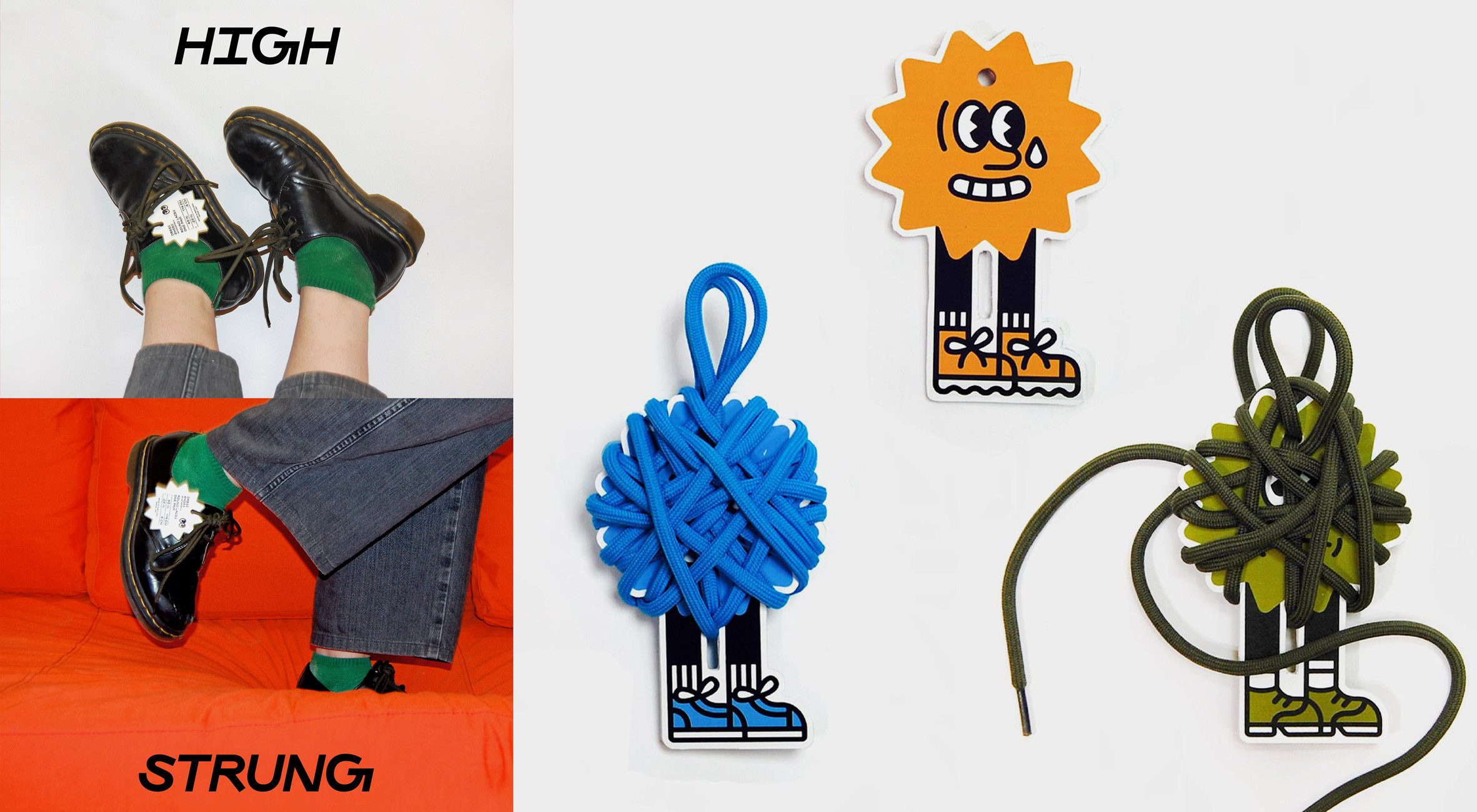 A series of photographs detailing a shoe lace packaging design, showing a person's feet wearing them, and close up images of the packaging in tones of blue, green and yellow.