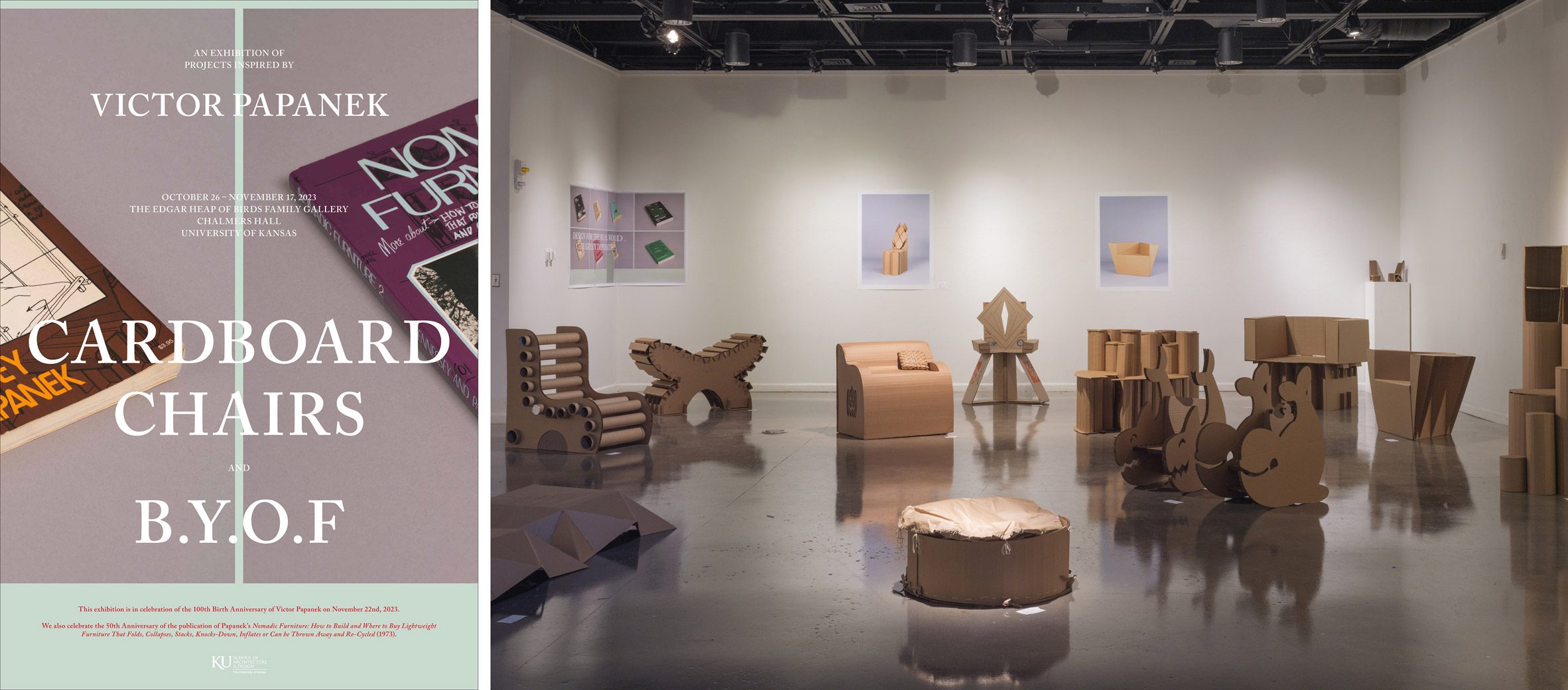 A photograph of an exhibition of brown cardboard chairs, displayed beside a poster for the exhibition in tones of brown, purple and orange, with white text overlaid that reads 'cardboard chairs', 'b.y.o.f', in capital letters.