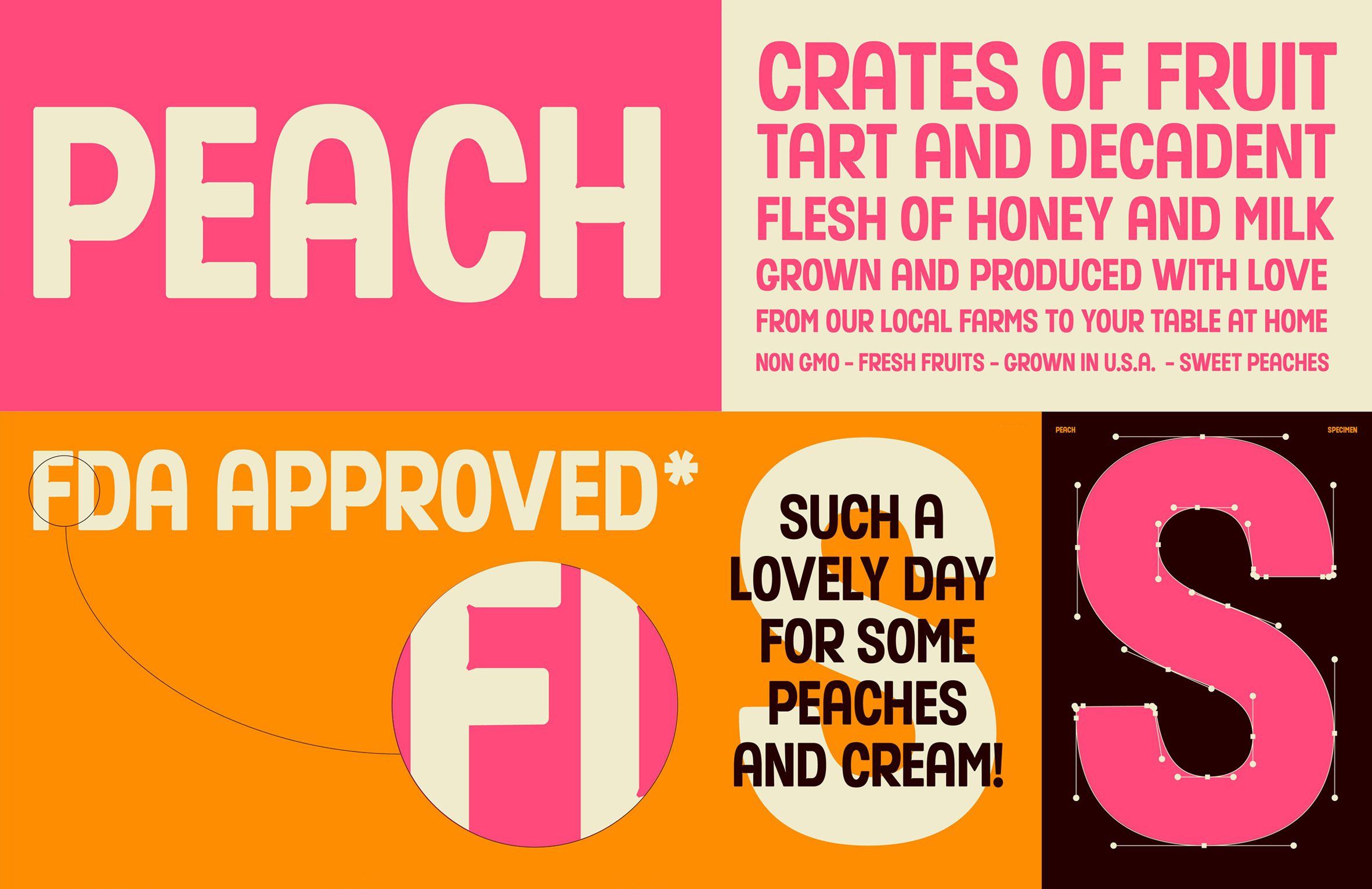 An image displaying elements of a typeface design in tones of pink, orange, beige and black.