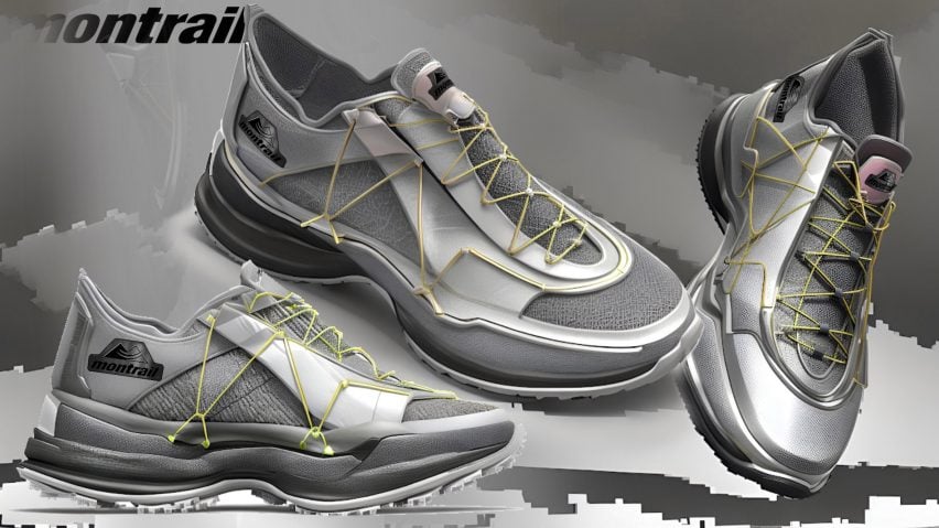 A visualisation of three of the same shoe, in tones of grey, against a backdrop of the same colours. In the top left corner there is a triangular logo and text that reads 'montrail'.