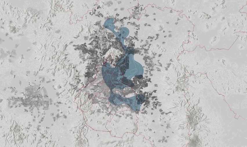 A digital visualisation of a map detailing a water crisis area, in tones of grey and blue.