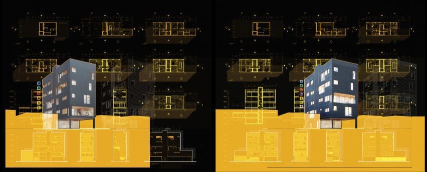 Visualisation of two buildings and a building plan, in tones of black, yellow and white.