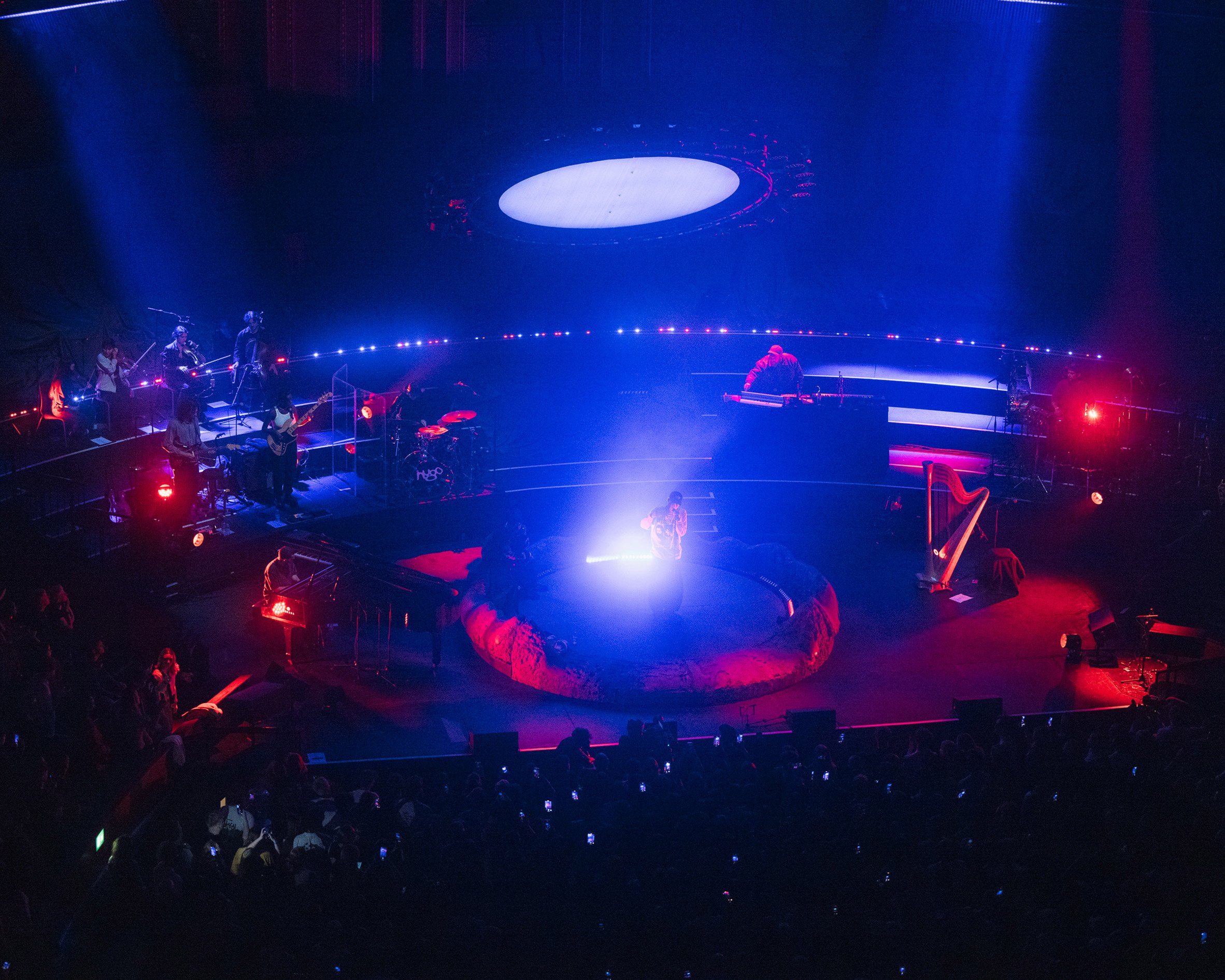 Blue and red light over stage