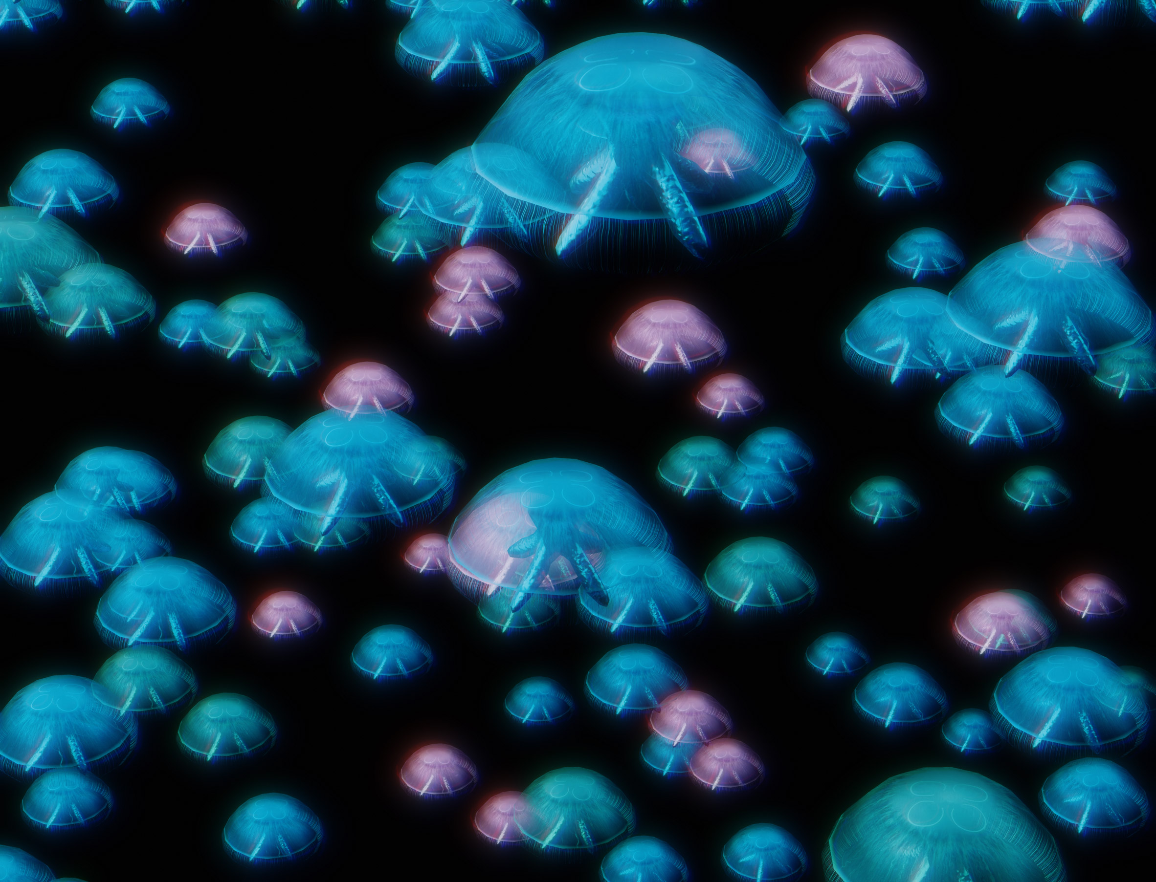 An image displaying abstract shapes in tones of pink and blue, against a black background.