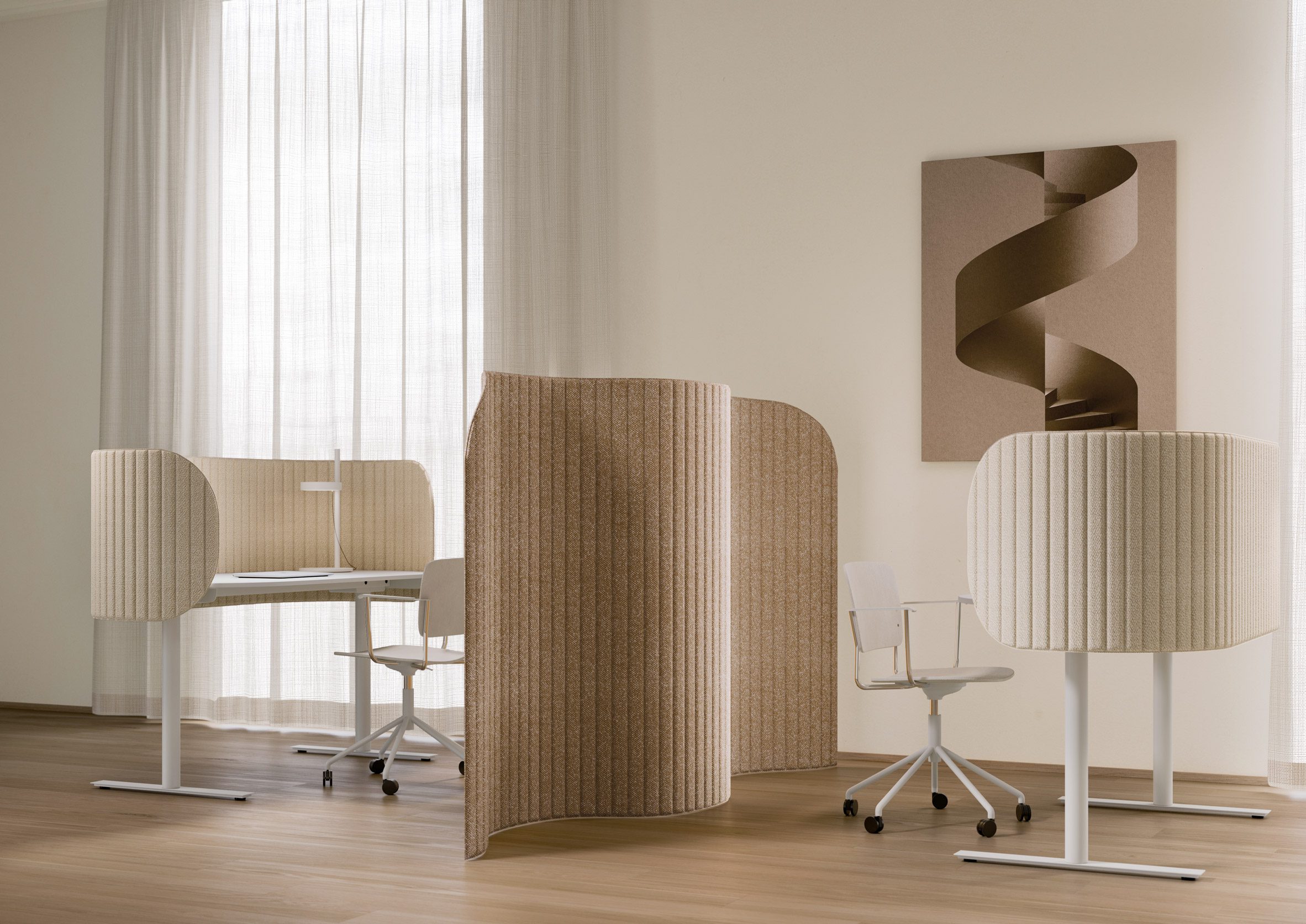 Photo of soft felt Zilenzio dividers and desk partitions in calming neutral shades