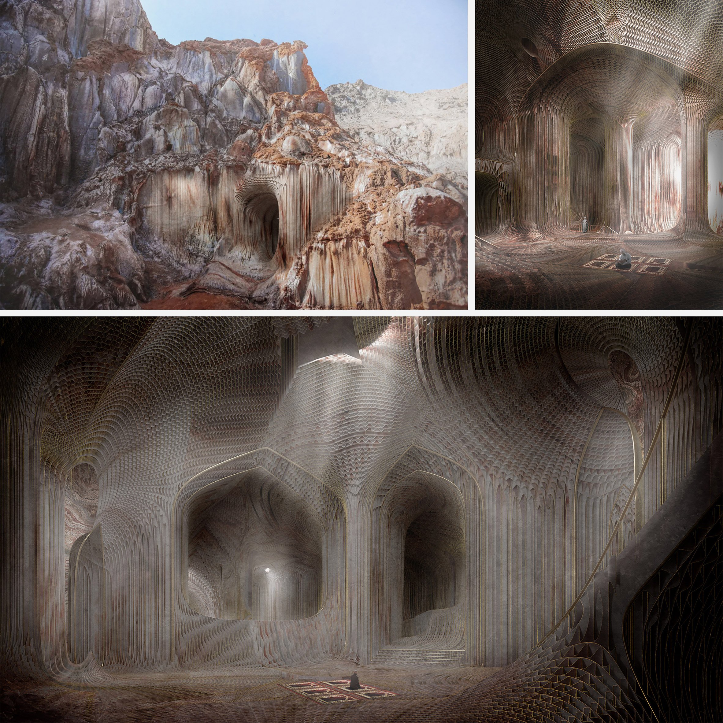 A series of three visualisations of the exterior and interior of an abstract building within a mountainside, in tones of brown.