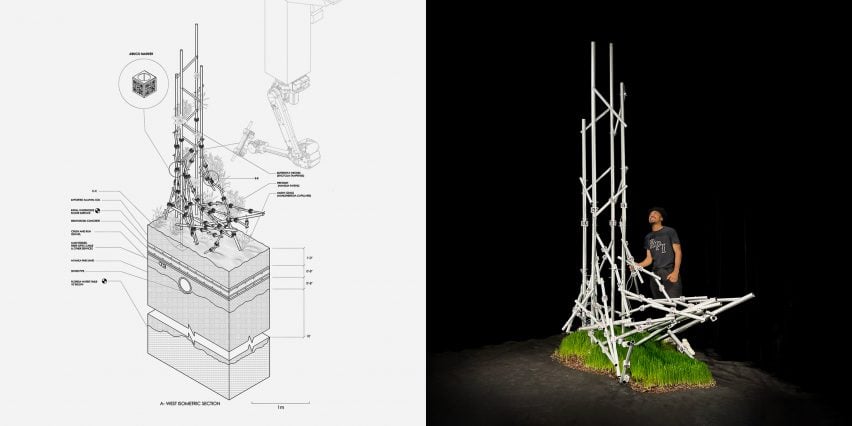 Two images beside one another, one displays a diagram of a sculpture in black against a white backdrop, the other a photograph of the sculpture with a person beside it.