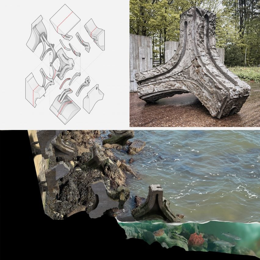 A series of images presenting the design of water armouring units, with a diagram, a photograph and visualisation of them in-situ. They are of a triangular structure and in tones of grey.