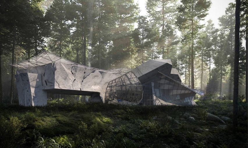 A visualisation of an abstract building in tones of grey, situated within a green woodland sculpture park.