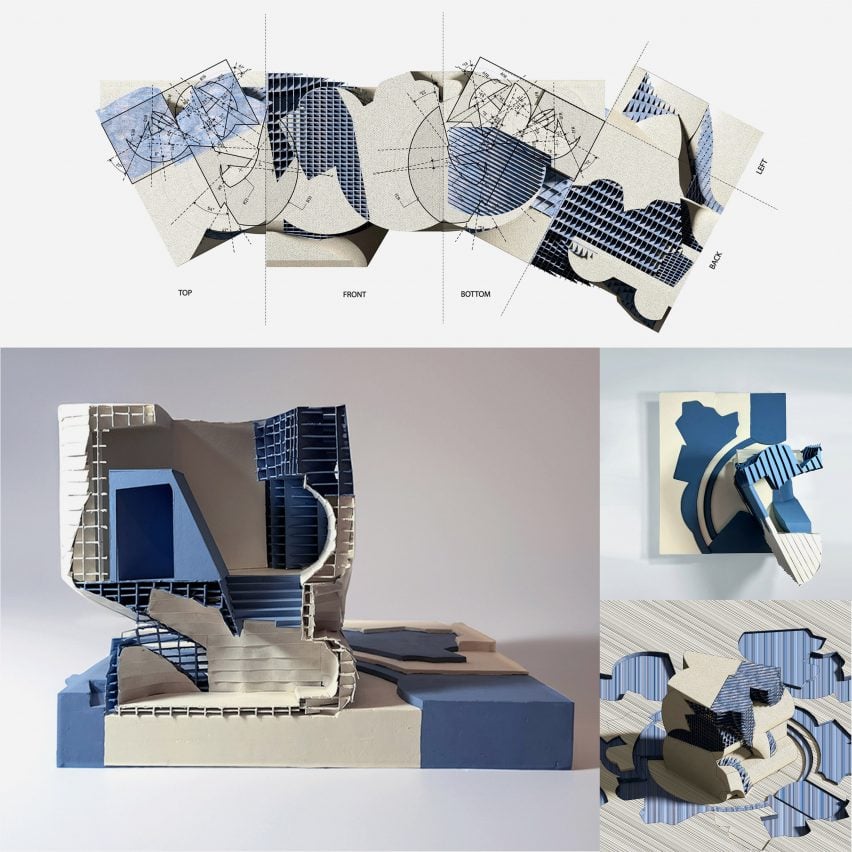 A series of images depicting the design process of a building, showing a digital illustration of its design and plan, as well as a photograph of an architectural model in tones of white and blue.