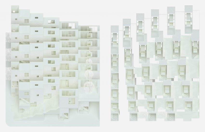 A photograph of an architectural model in tones of white and in a rectangular shape. 