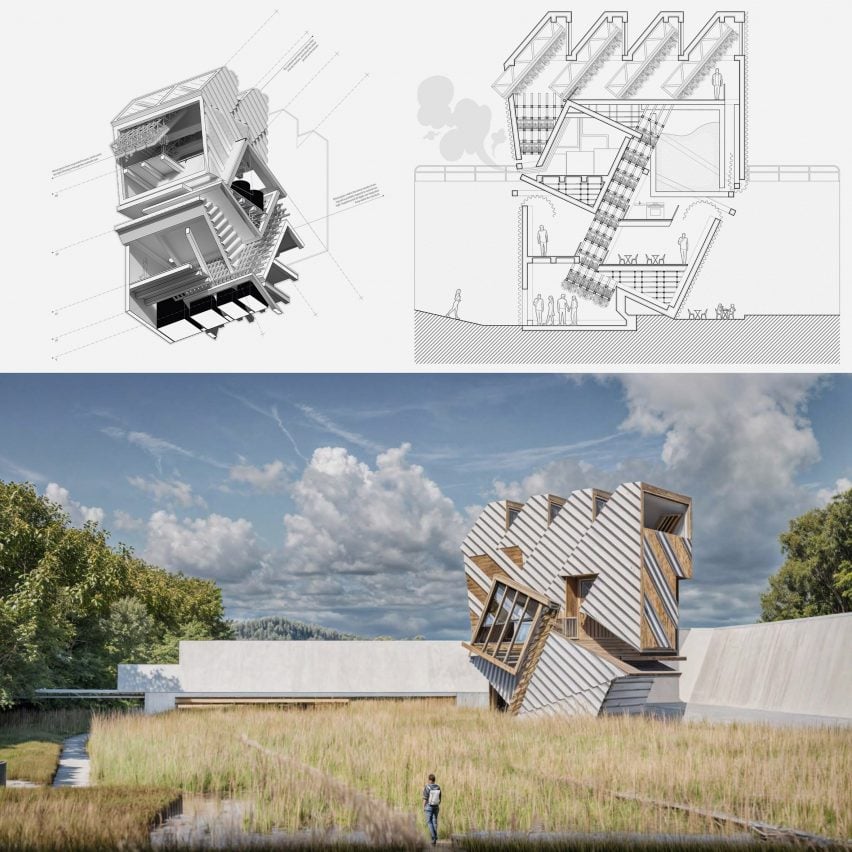 Two images placed on top of one another, the top image a design and visualisation of a building design in tones of grey, black and white. Below is a visualisation of the building in situ, within a green and yellow field with a blue sky above.