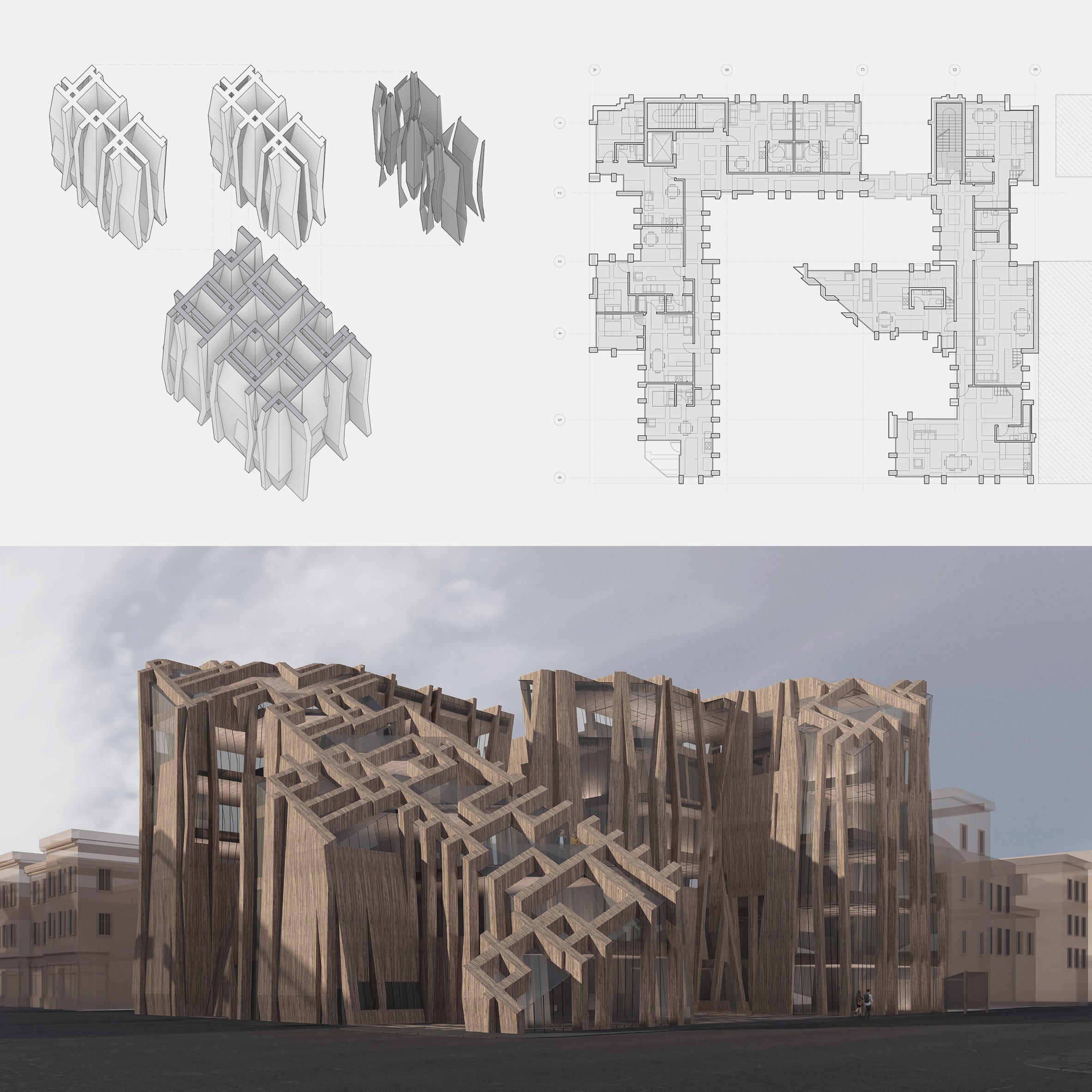 Two images displayed on top of one another, the first a diagram in tones of grey and white of a building design and plan, the second a visualisation of a building in tones of brown, in a rigid, linear structure.