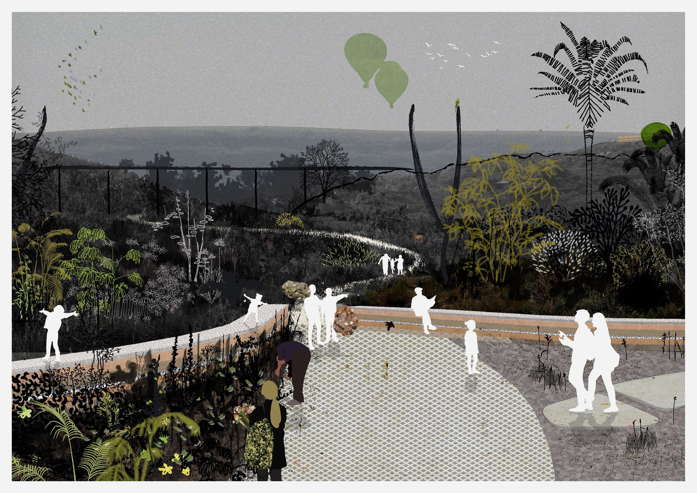 A visualisation of an area with vast greenery, and a grey area in front with white figures atop it.