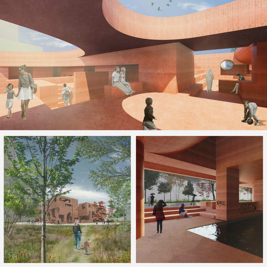 A series of three visualisations of showing various angles of a building, in tones of orange, with circular forms and open walls and ceilings. There are people within the space.