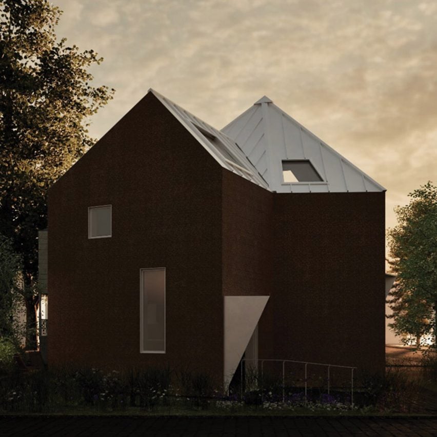 A visualisation of the exterior of a house in tones of brown and grey, at dusk.