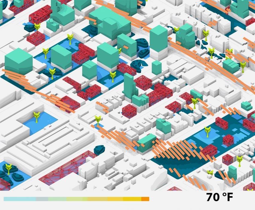 A visualisation of a three-dimensional map of various buildings in tones of green, red, orange and blue.