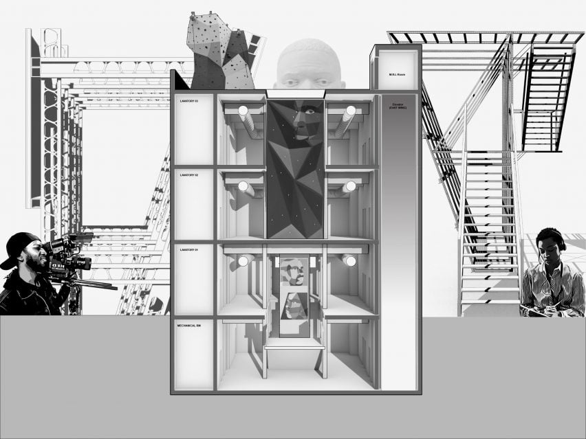 A digital image in black and white of a building, with a stair structure surrounding it and multiple figures.