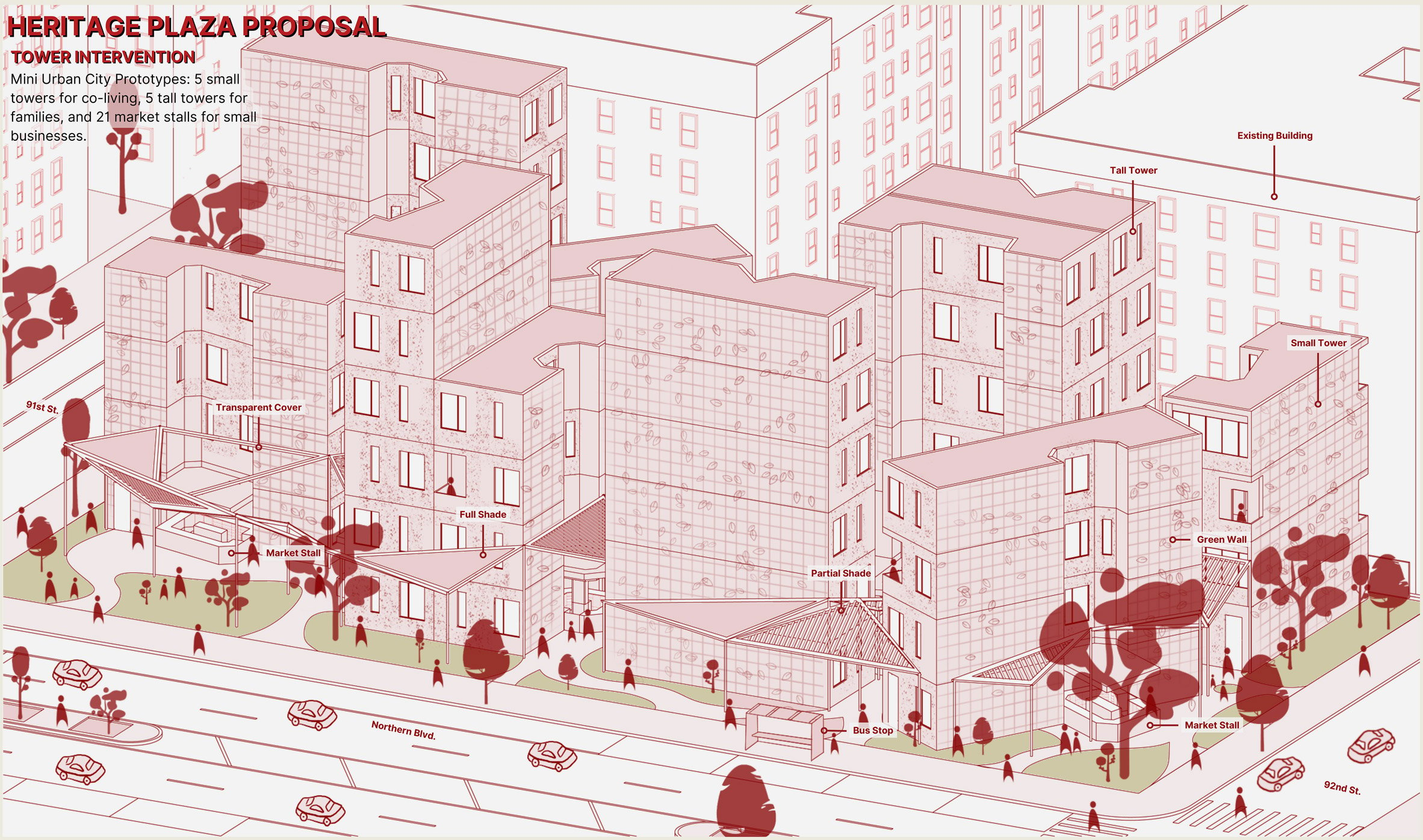 A digital illustration of a series of buildings in tones of red. In the top left hand corner is red and black text detailing the project.