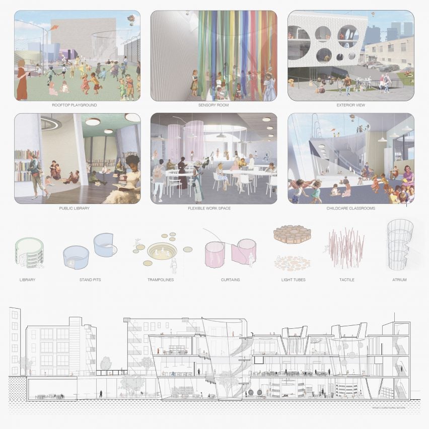 A series of visualisations of a building design and illustrations detailing aspects of the project, in tones of green, blue, yellow, pink, orange and red, all laid against a white backdrop.