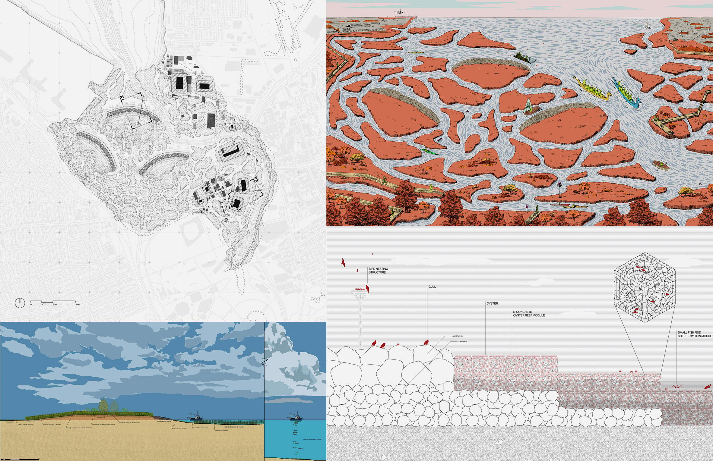 A series of visualisations and illustrations of maps and terrain, detailing an architecture project. The images are in tones of red, blue, yellow, black and white.