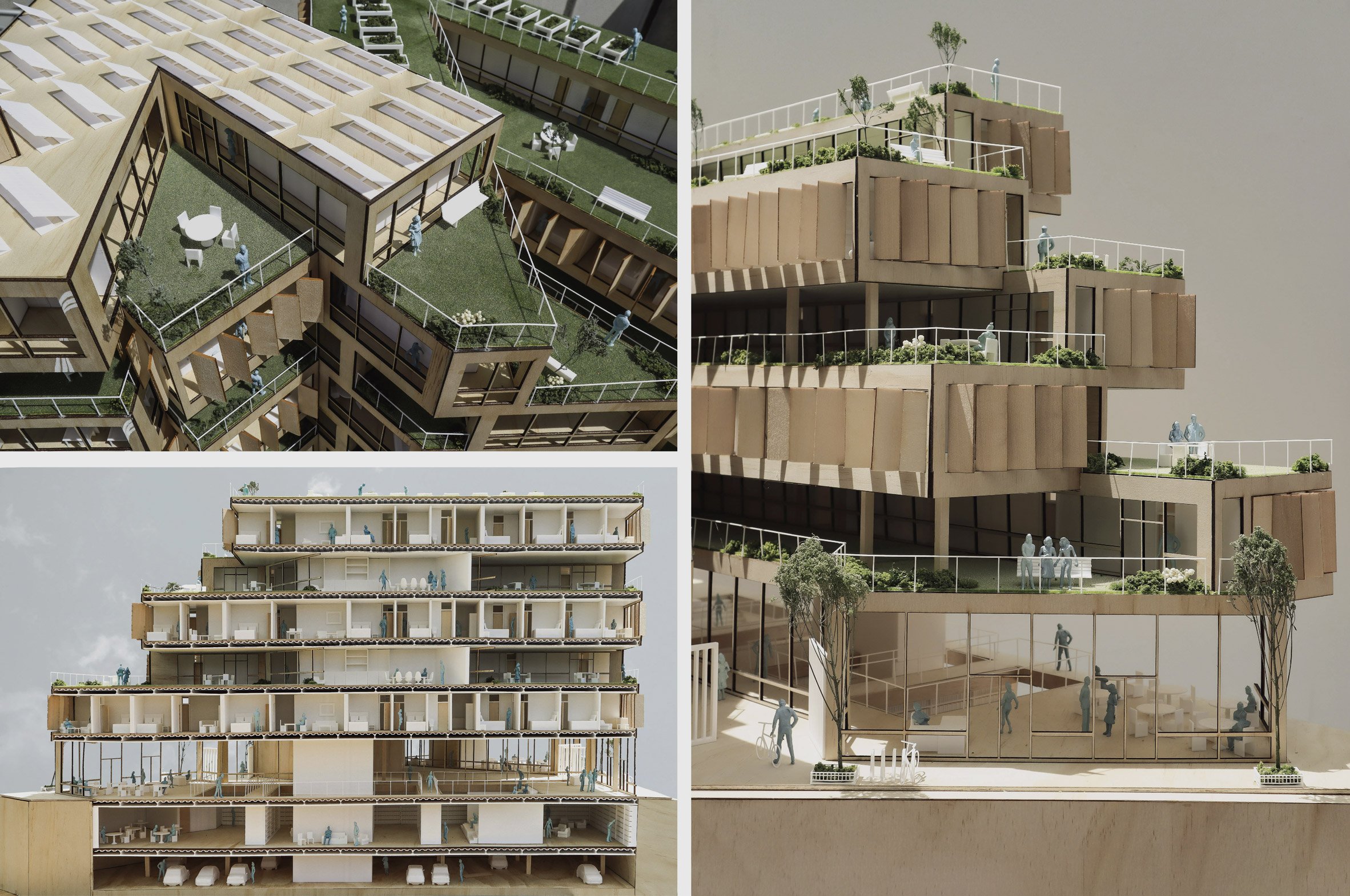 A series of photographs of an architectural model in tones of brown, green and white.