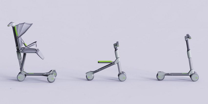 Three visualisations showing the same product, adapting to different functions. One shows a baby stroller, another a bike and another a scooter. Each is in the same tones of grey, black and green.