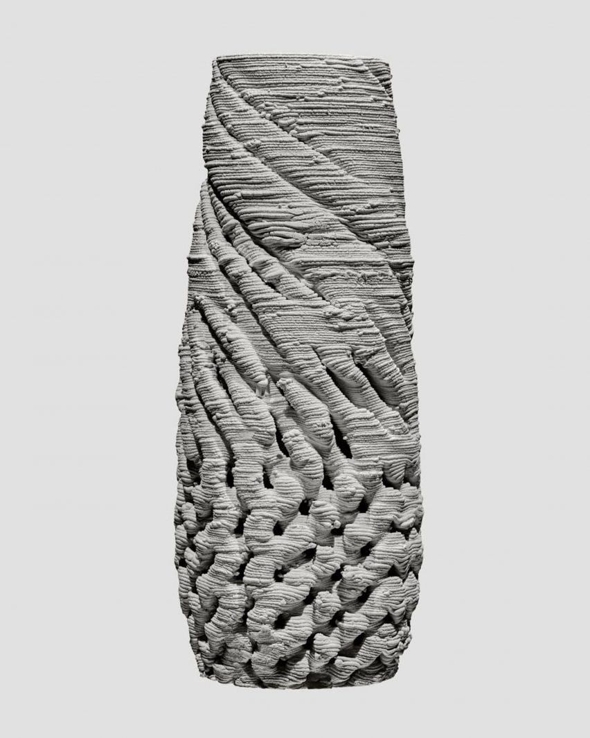 A visualisation of a vessel that is 3D-printed with clay, giving it a textured surface. It is in tones of grey, against a grey backdrop.