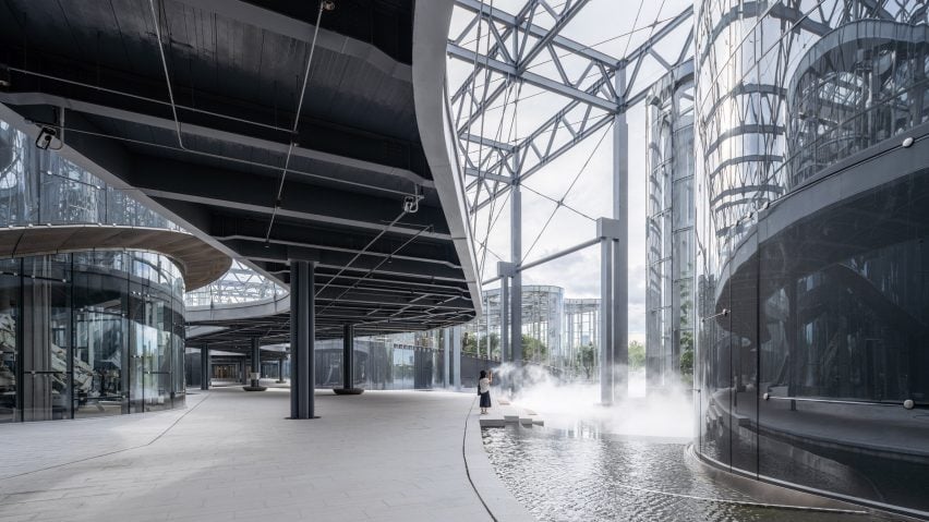 View of steel grid at pavilion by Delugan Meissl Associated Architects