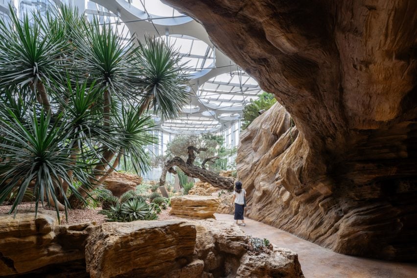 Interior view of desert-themed pavilion at Expo Cultural Park Greenhouse in China