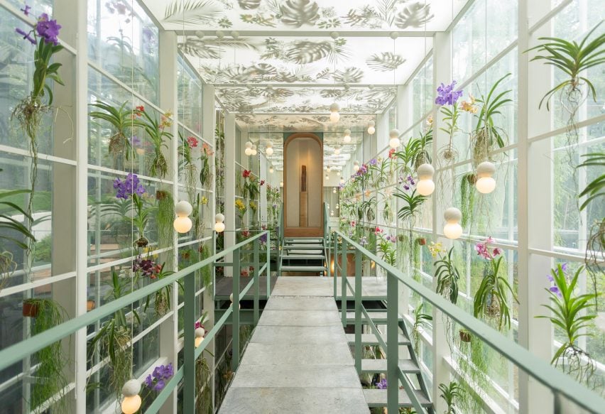 Glass atrium with flowers