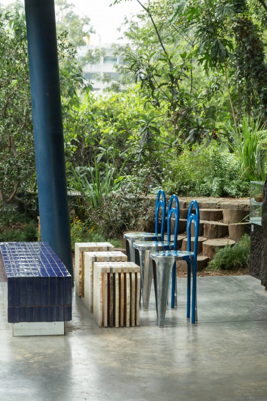 Blue chairs at cafe